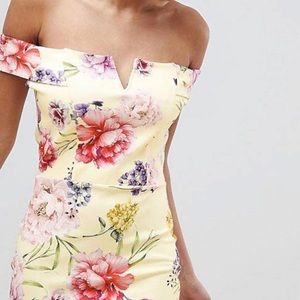 Missguided Yellow Floral MIDI Bodycon off shoulder Dress